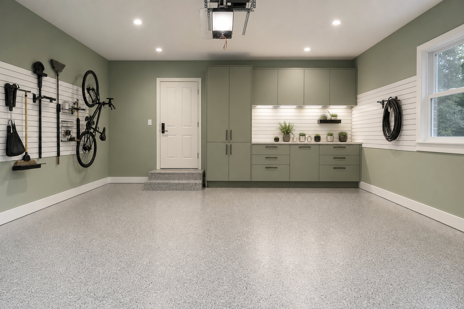 Sage green garage walls with white slat wall storage, gray flake epoxy floor, and LED strip lighting