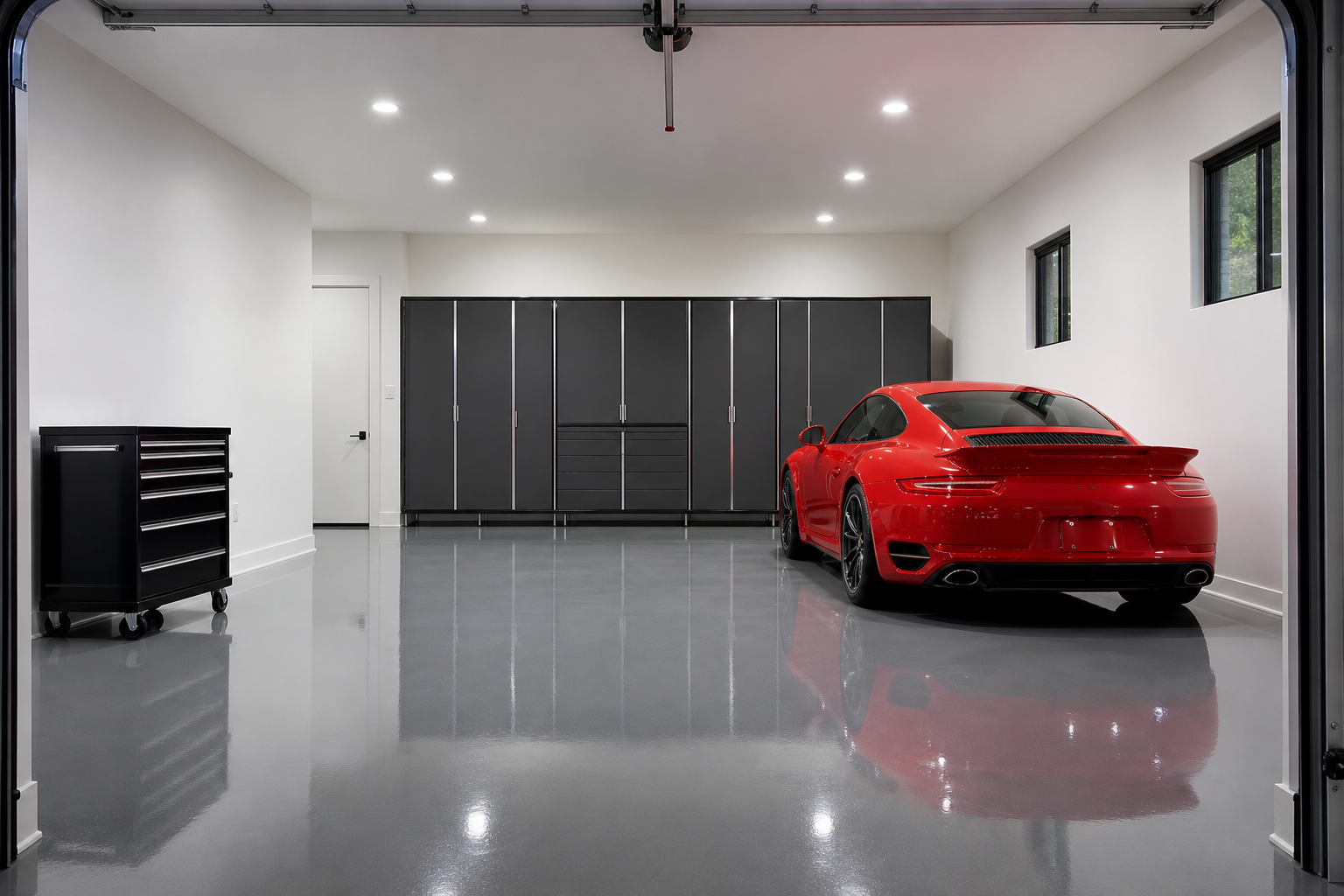 High gloss solid gray polyaspartic garage floor reflecting overhead LED lights with a red sports car parked inside