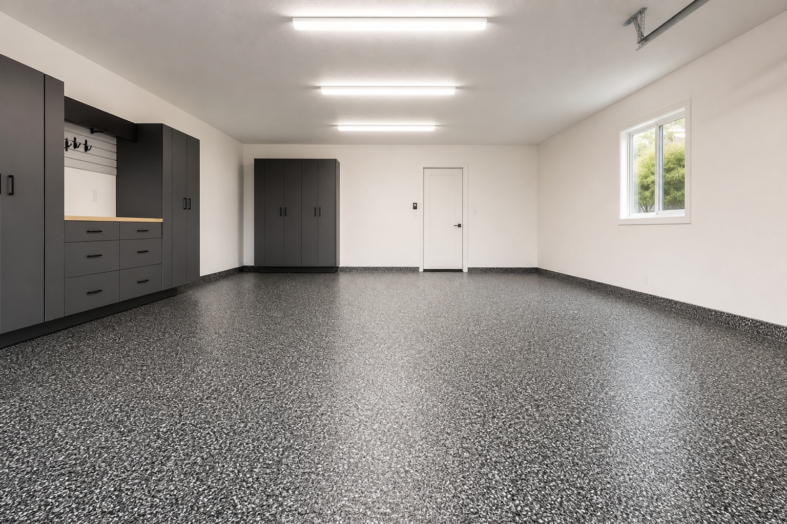 Charcoal base coat garage floor with black white and gray decorative flake and satin topcoat finish
