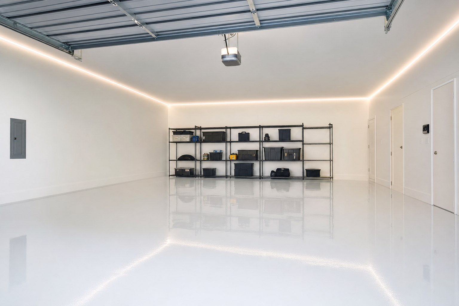 High gloss white epoxy garage floor with white walls and perimeter LED strip lighting in a minimal garage