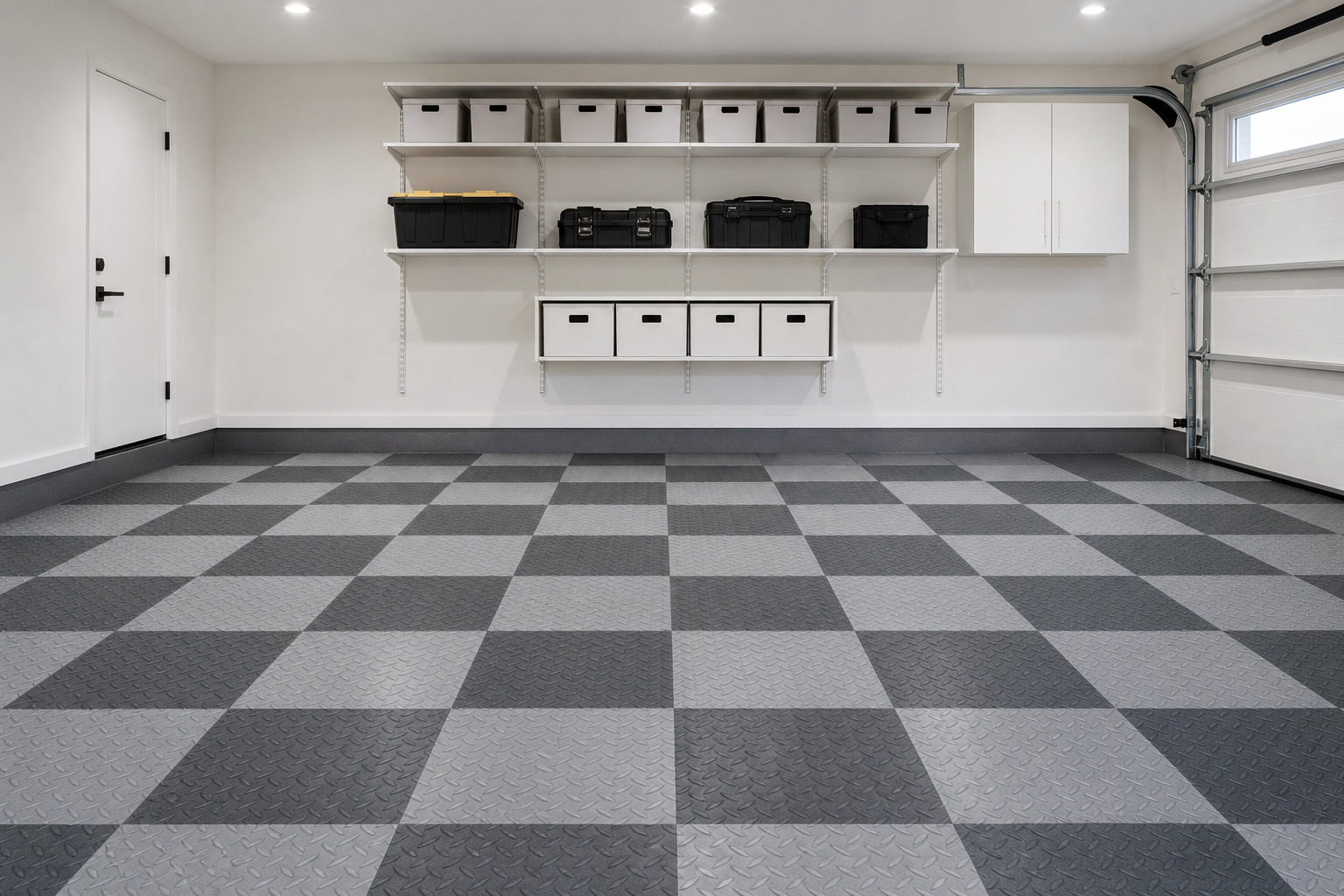 Gray and dark gray checkerboard interlocking polypropylene garage floor tiles with white walls and shelving