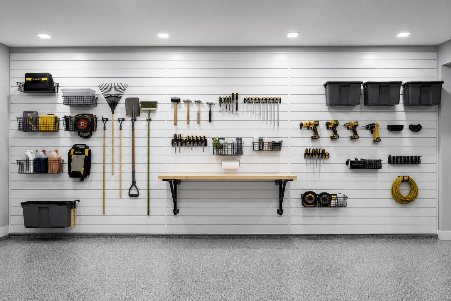 White slatwall garage storage wall with organized hand tools, bins, and a folding wall-mounted workbench
