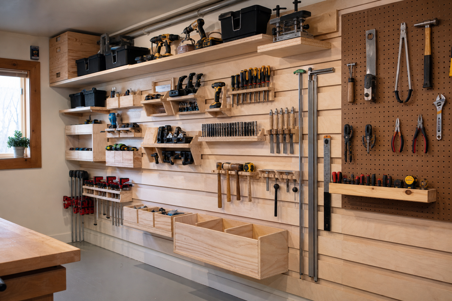 French cleat plywood storage wall in garage with custom wooden tool holders and pegboard side section