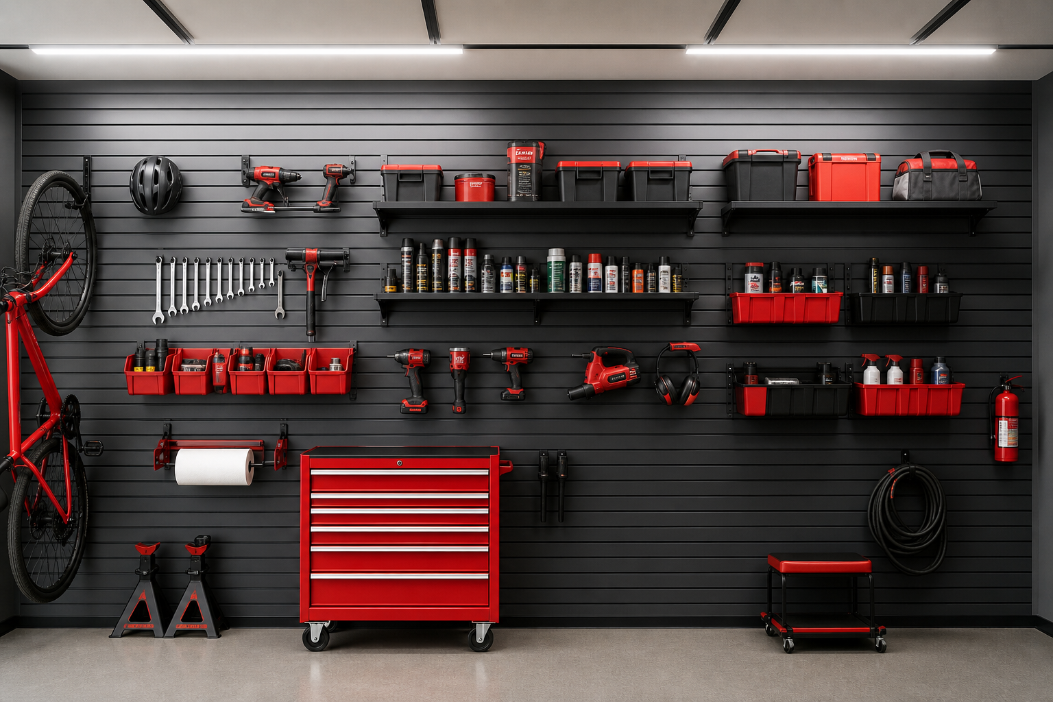 Charcoal gray metal slatwall garage wall with red bins, hooks, and a red rolling tool chest below