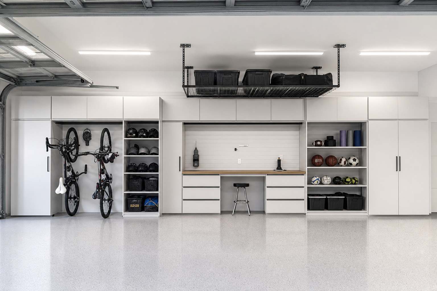 Full-width white modular garage storage wall with cabinets, shelving, bike hooks, and overhead storage rack