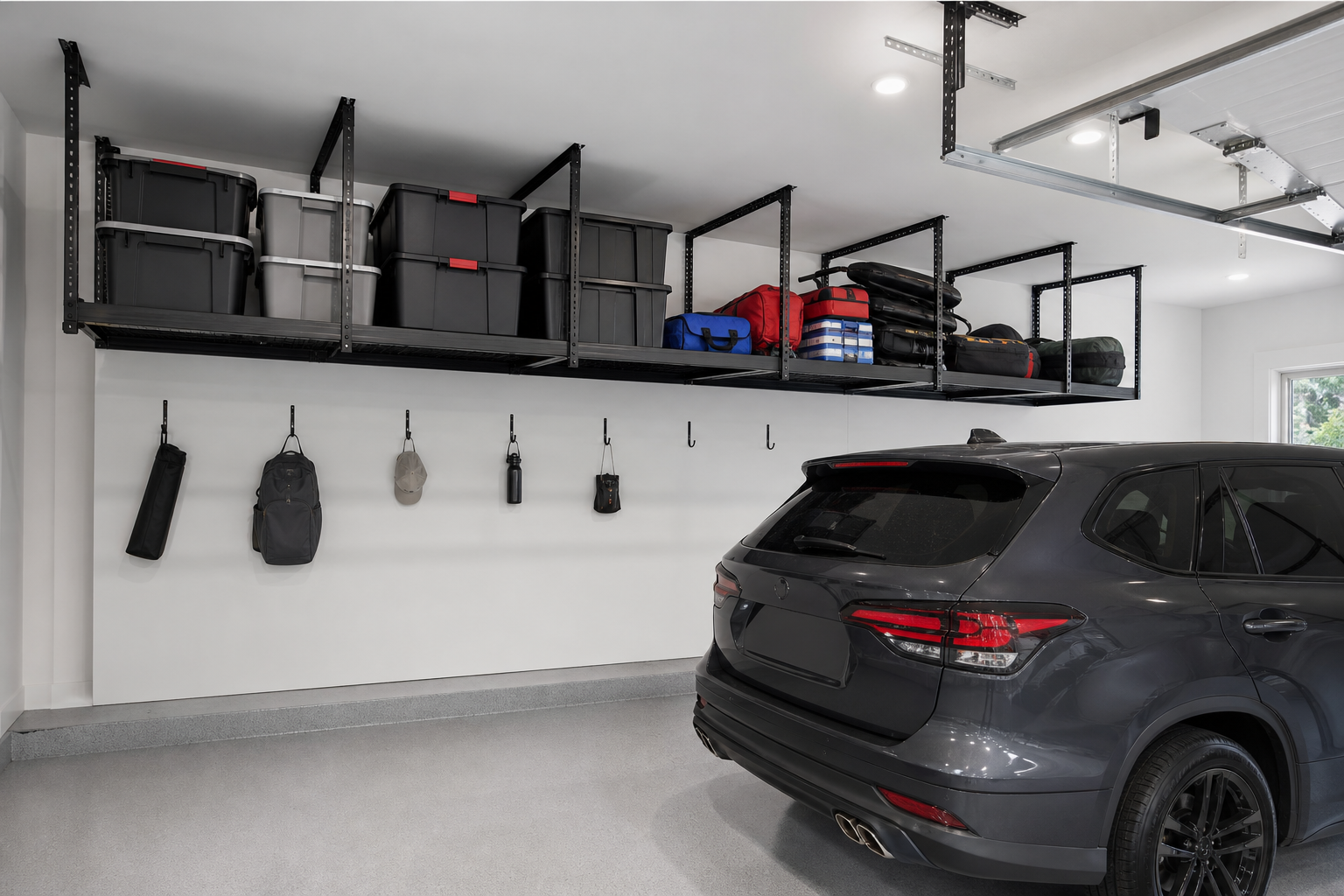 Black powder-coated ceiling overhead storage rack in white painted garage above gray polyaspartic floor