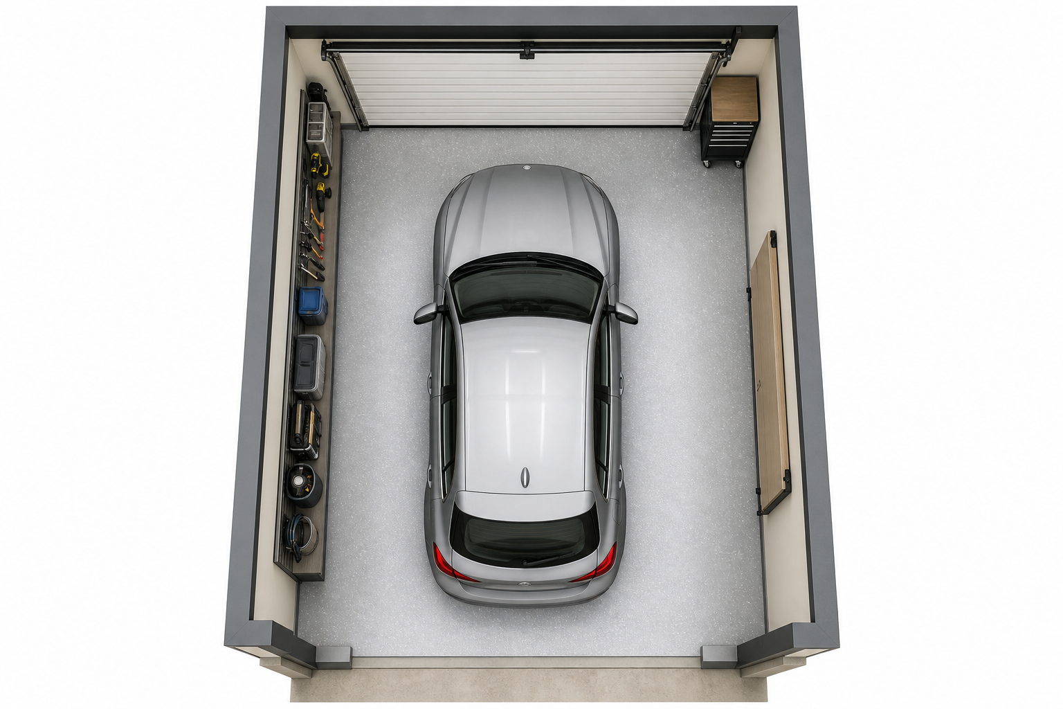 Bird's-eye view of compact single-car garage layout with storage walls and parked car