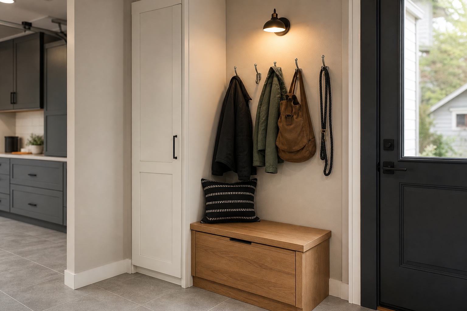 Small garage entry corner with white cabinet, wall hooks, and oak storage bench