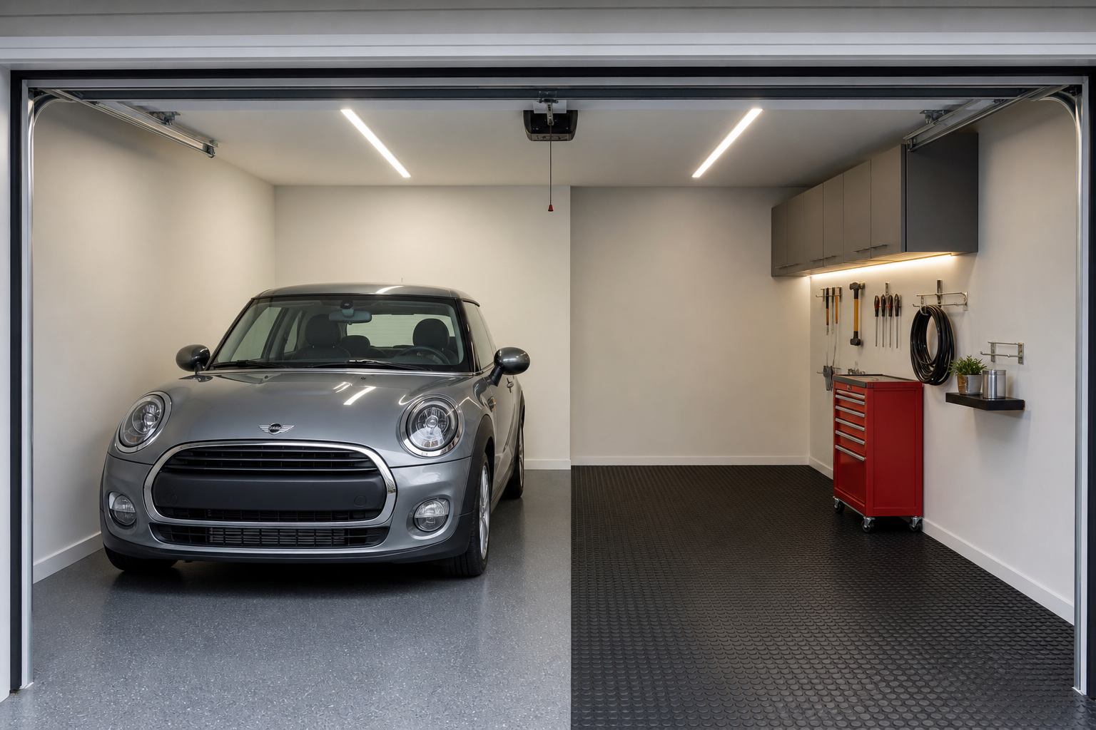 Small wide garage split into parking zone and workspace zone with contrasting floor tiles