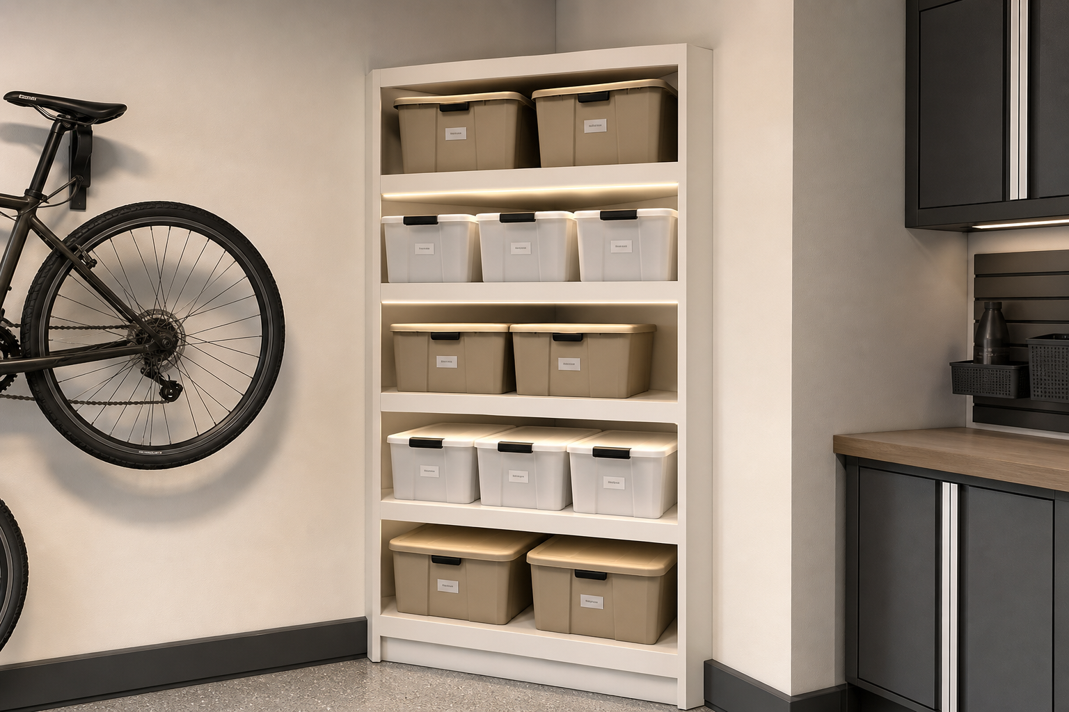 Angled corner shelving unit in white melamine with labeled bins in small garage