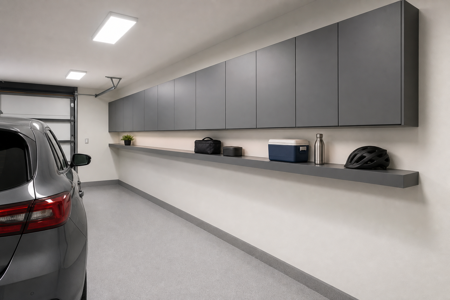 Narrow wall-hung gray storage cabinets running full length of small garage wall above parked car