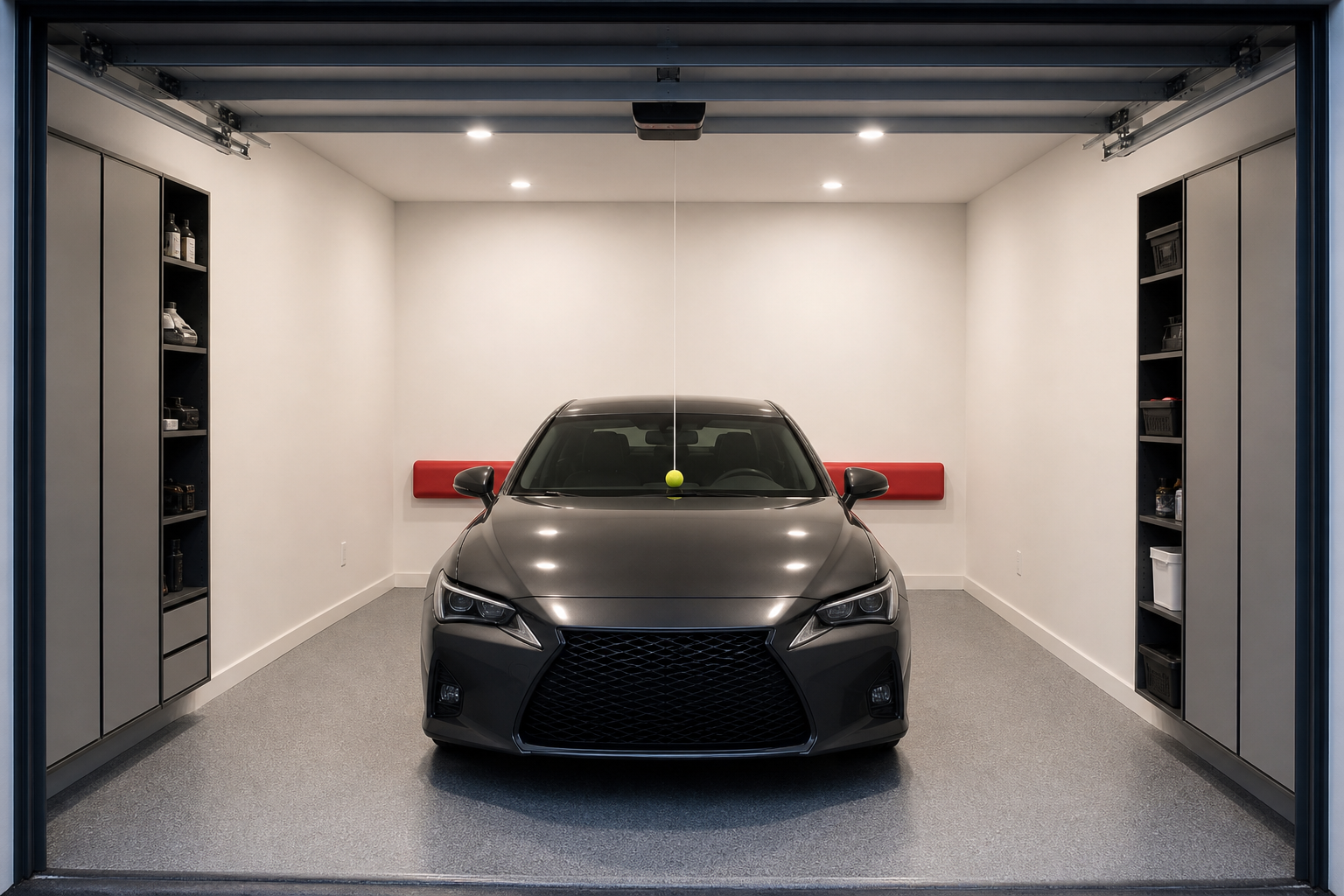 Compact car parked in small garage with foam bumper and tennis ball parking guide