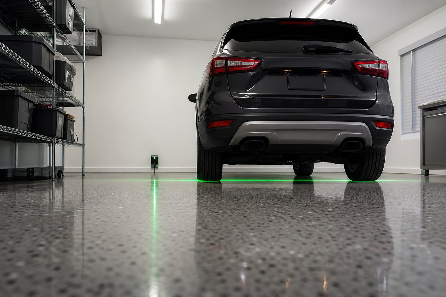 Laser parking guide projecting green line on gray epoxy garage floor with compact SUV parked on it