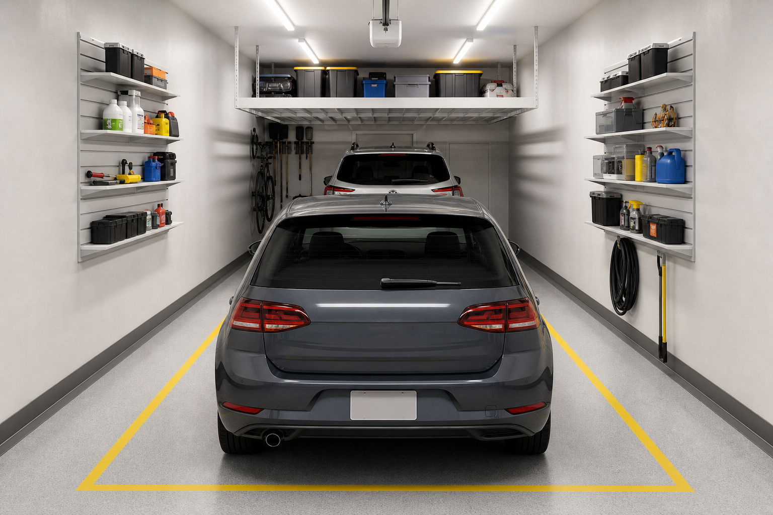 Tandem two-car deep narrow garage with floor boundary markings and side wall shelving