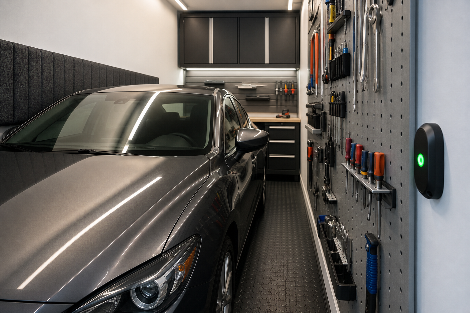 Small garage with side clearance sensor and foam padding strip for tight parking clearance