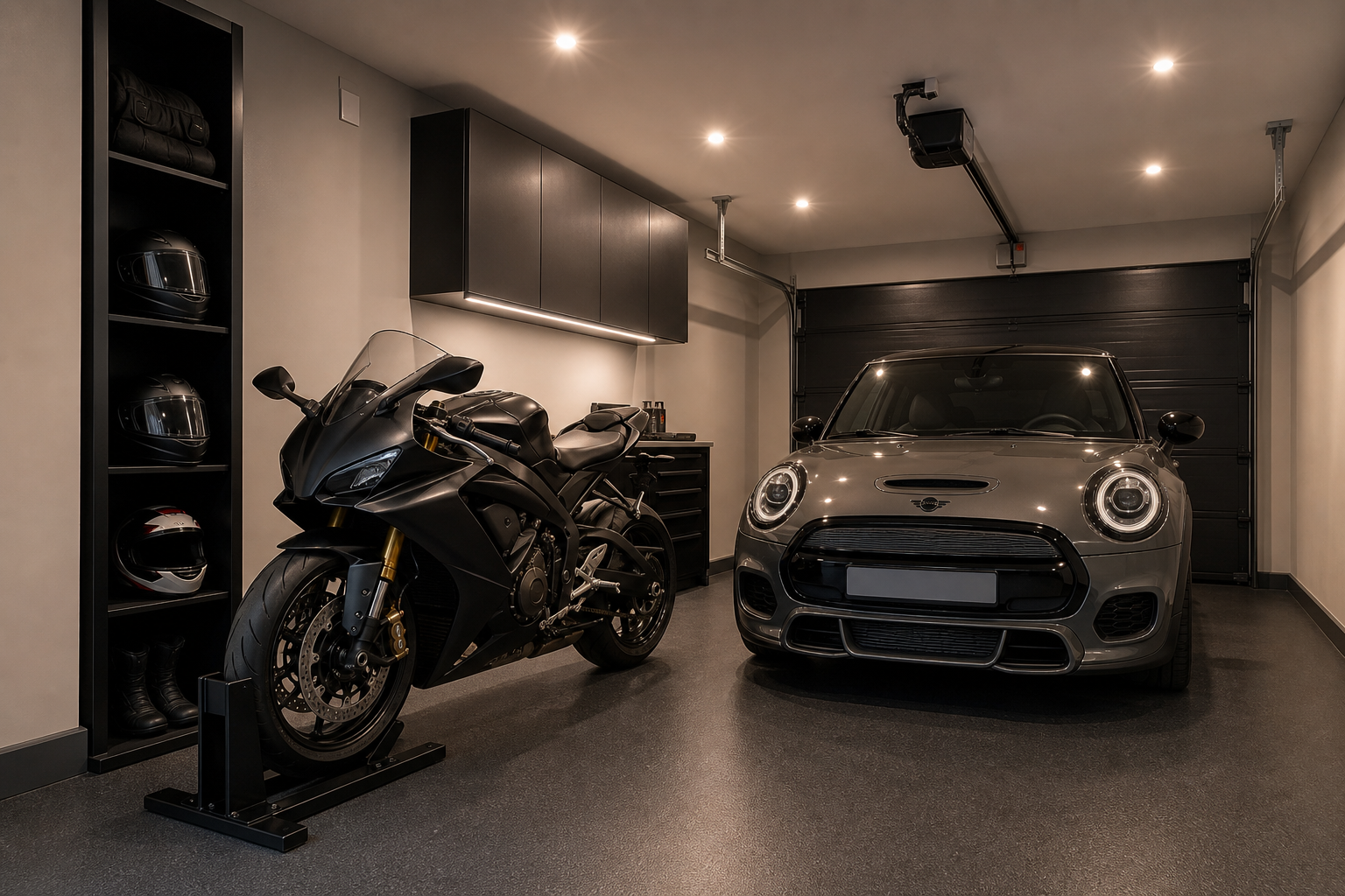 Motorcycle in wheel chock and compact car sharing small garage with vertical gear storage tower