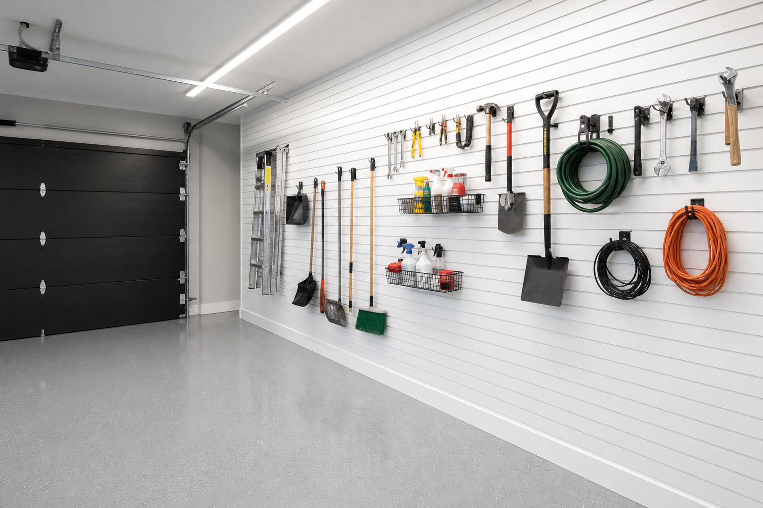 Full-height white slatwall storage system in small single-car garage with tools and baskets