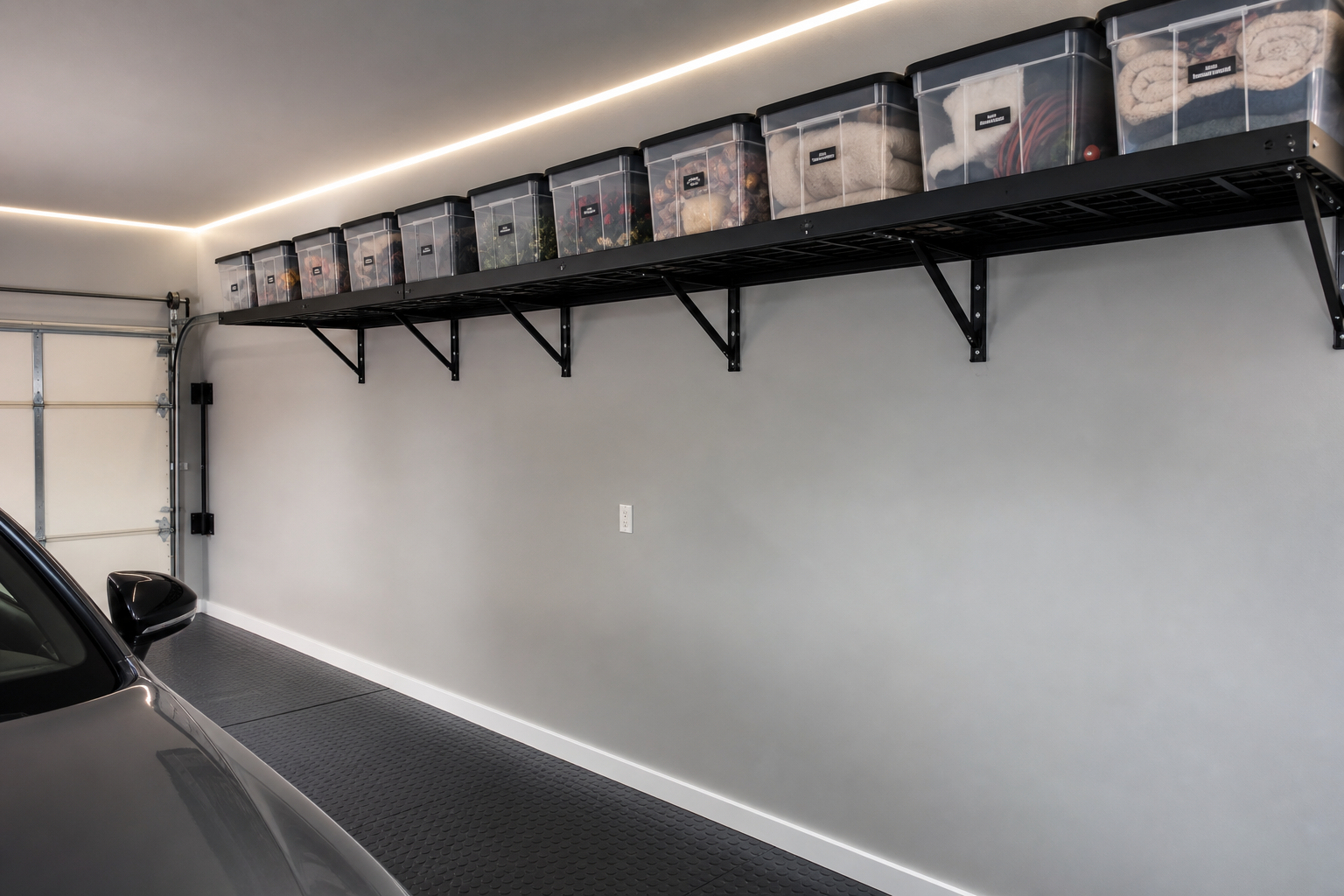 Black steel ceiling-mounted overhead storage rack with labeled clear bins in small garage