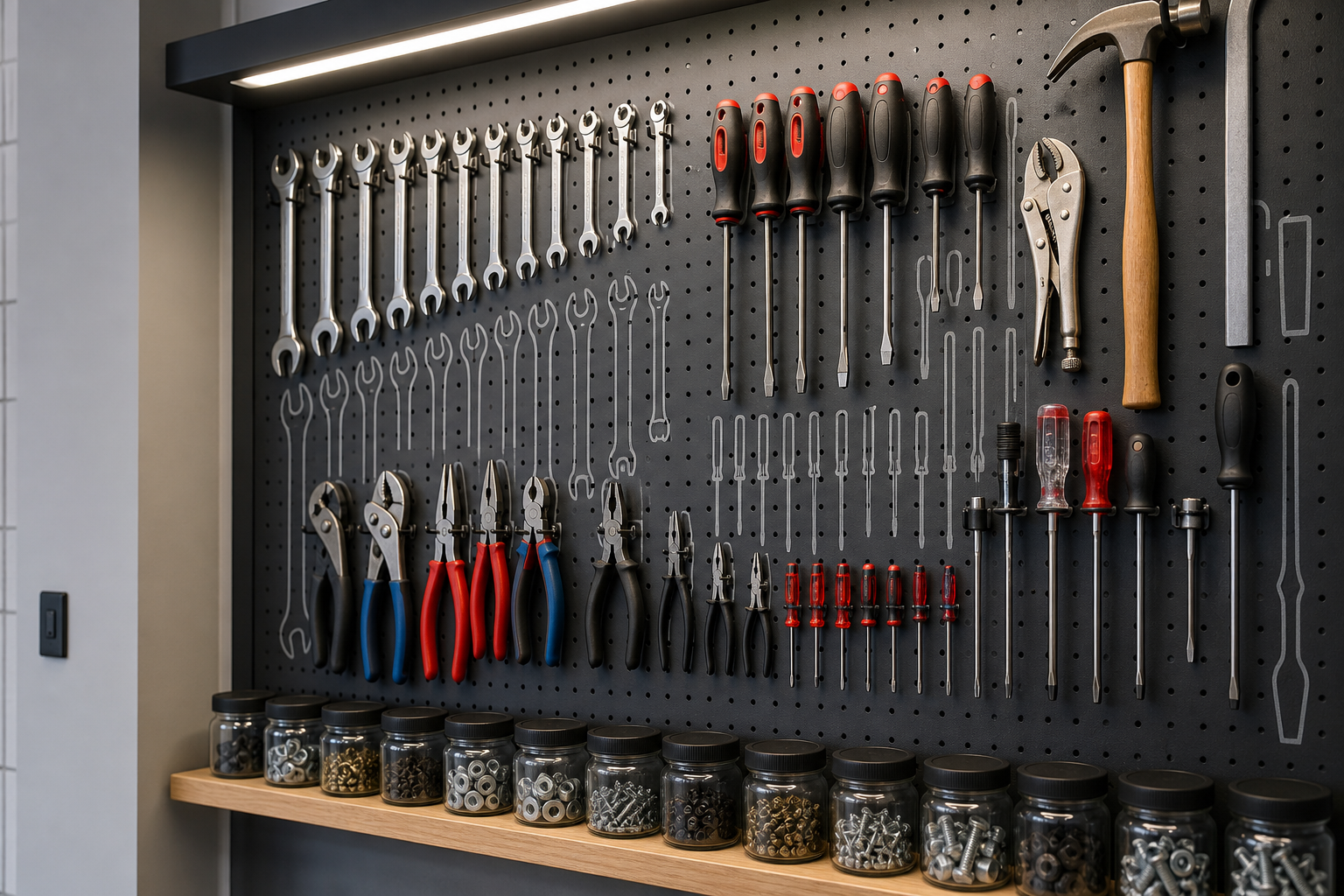Charcoal gray pegboard wall with outlined tool organization in small garage workshop area
