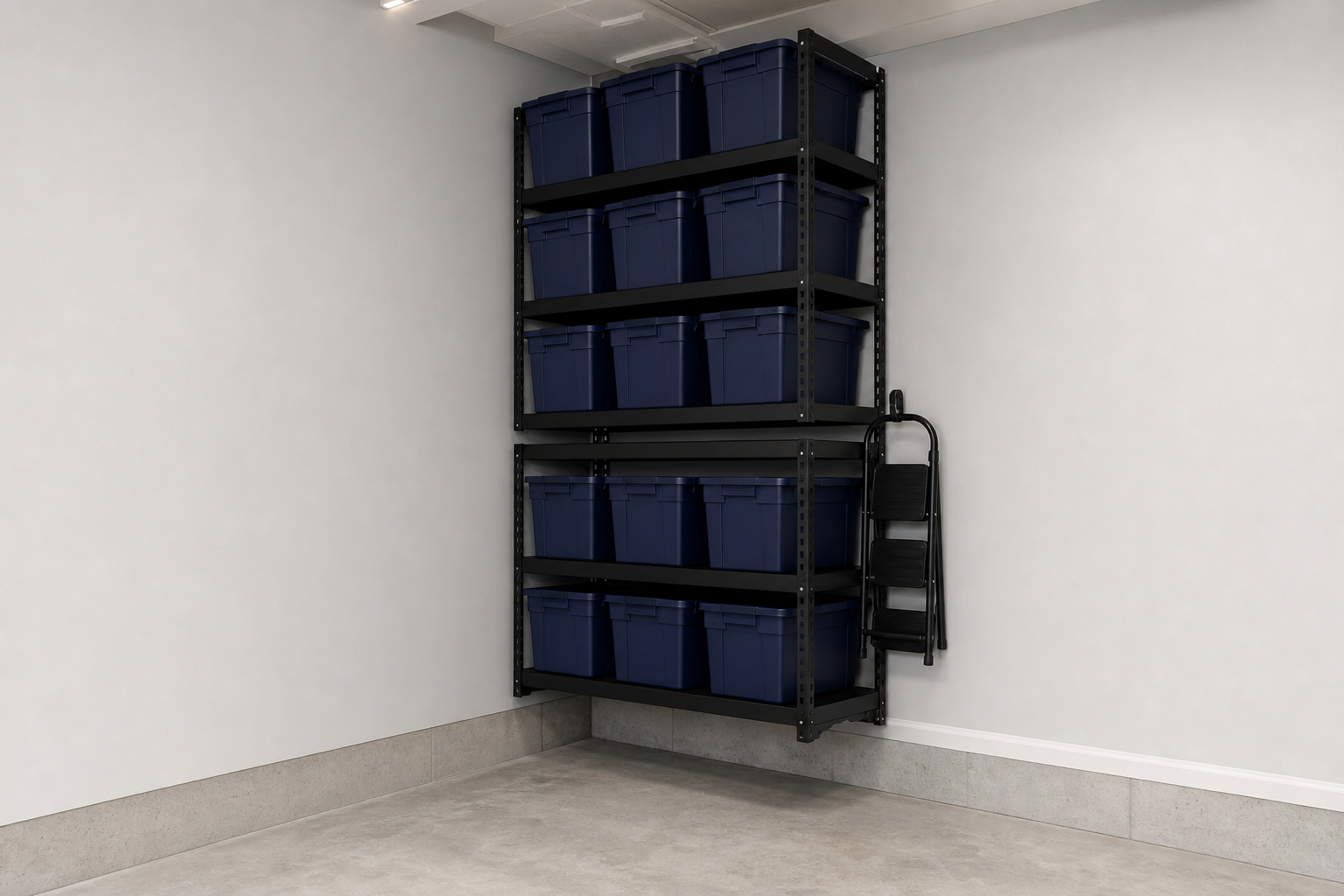 Stacked black metal wall shelving units in small garage corner with navy storage bins