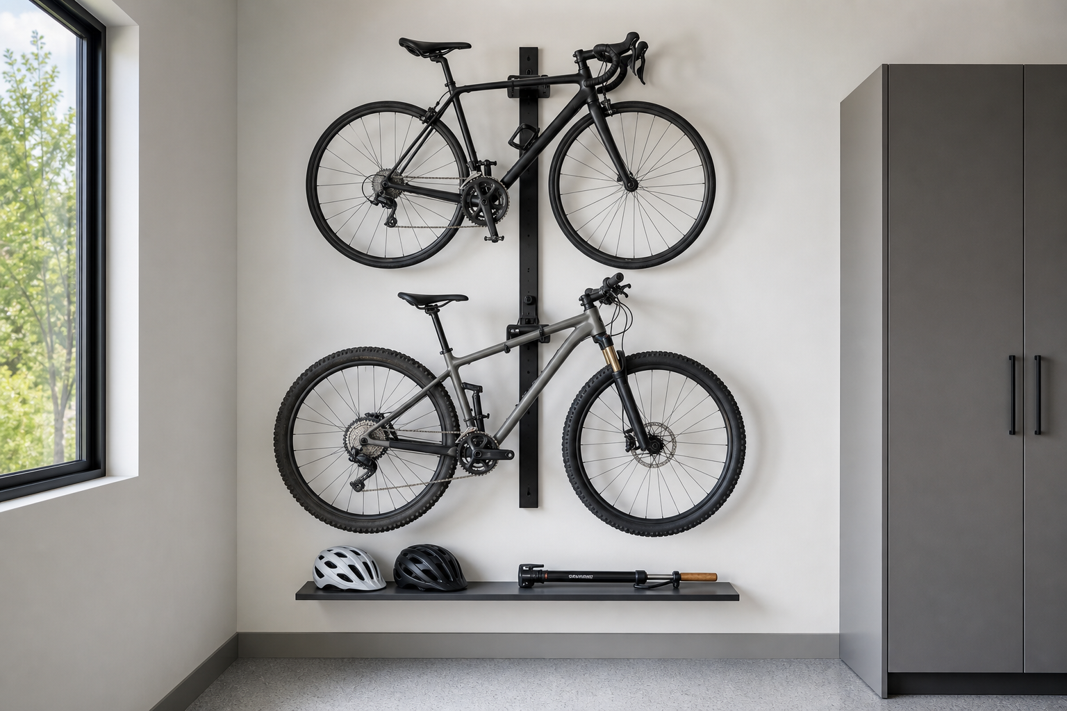 Two bikes mounted vertically on wall hooks in small white garage with helmets on shelf below