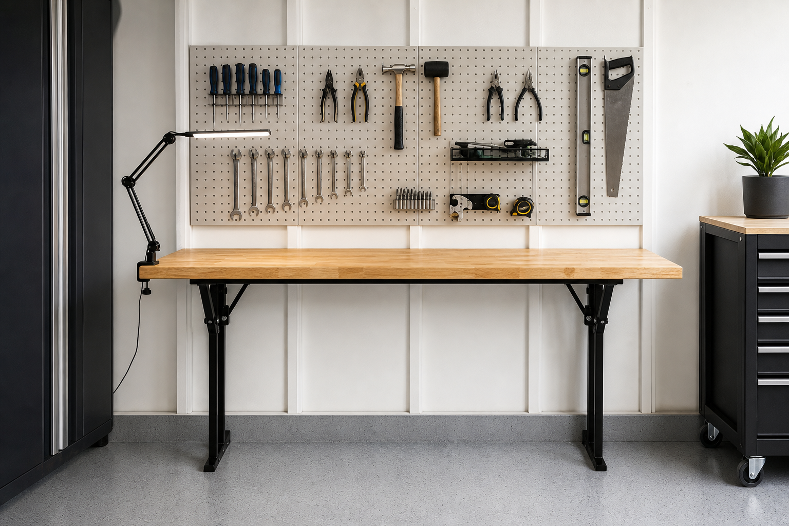 Open butcher block fold-down workbench with black legs and pegboard above in small garage