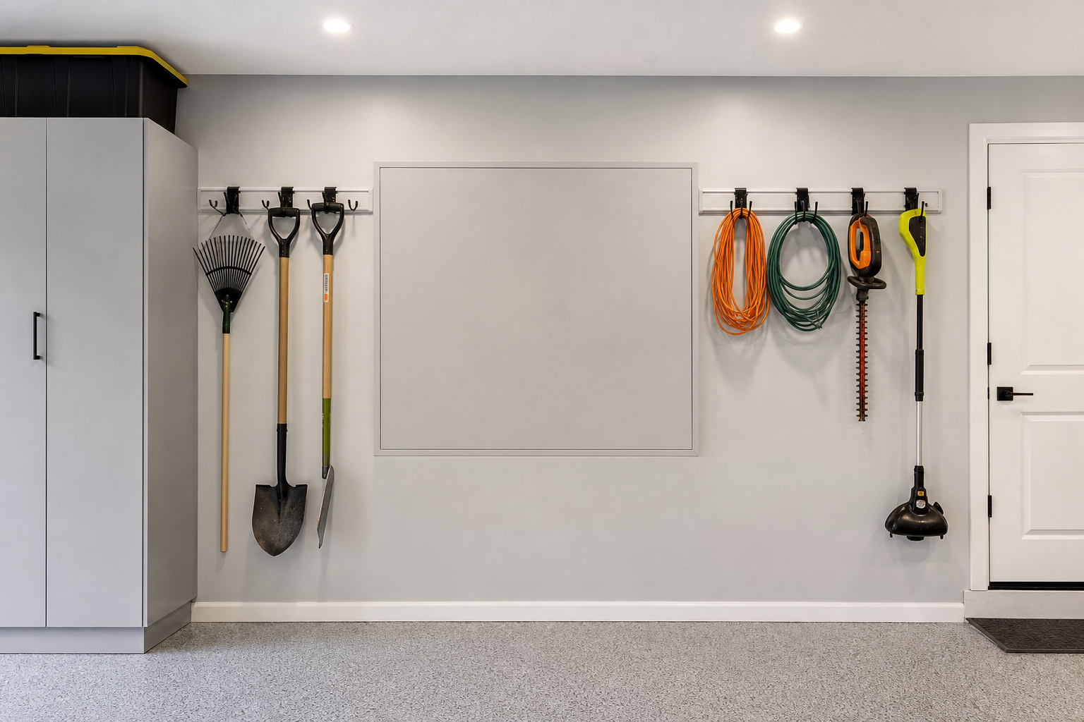 Closed fold-down wall workbench painted gray to blend into small garage wall