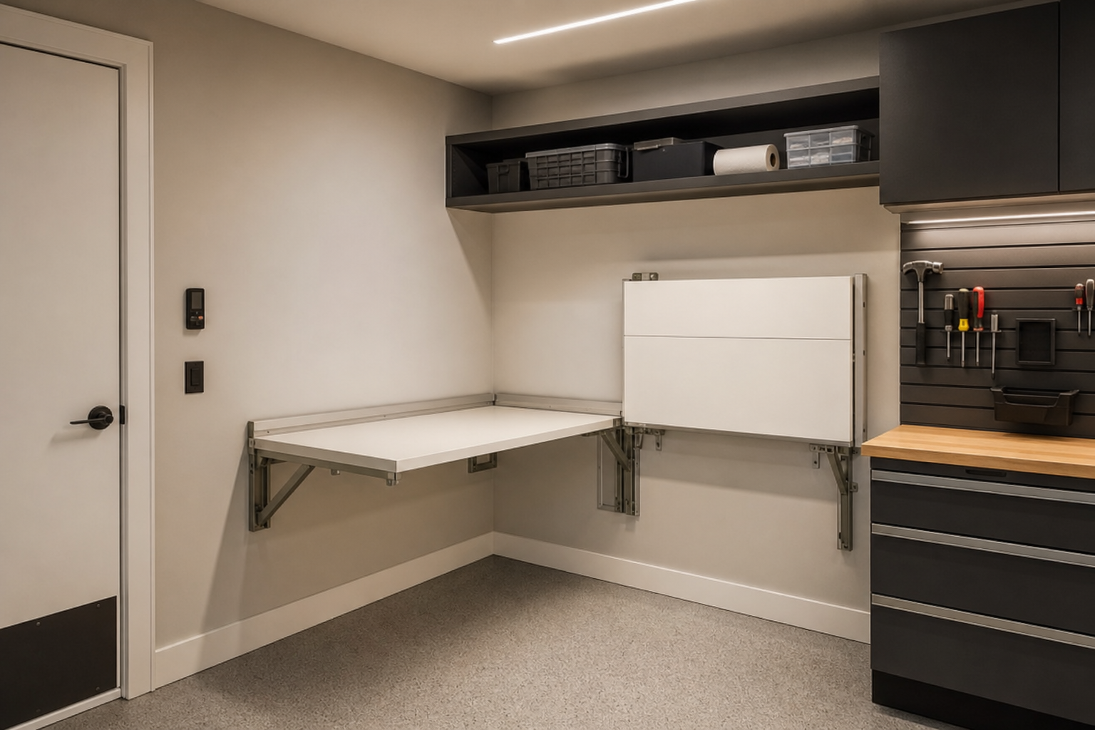 L-shaped corner fold-down workbench with one panel open and one closed in small garage