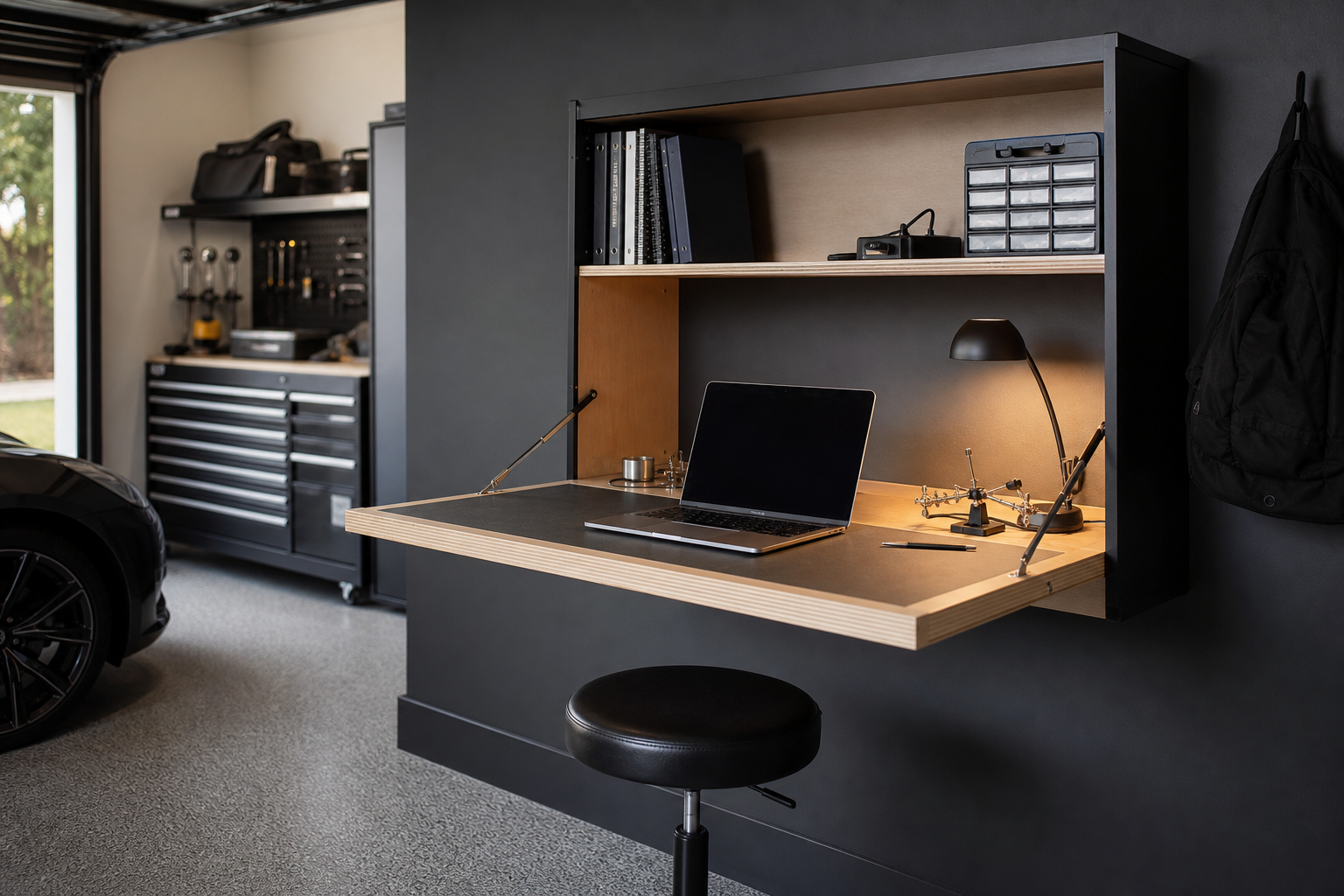 Fold-down garage wall desk at seated height with laptop and storage shelf above