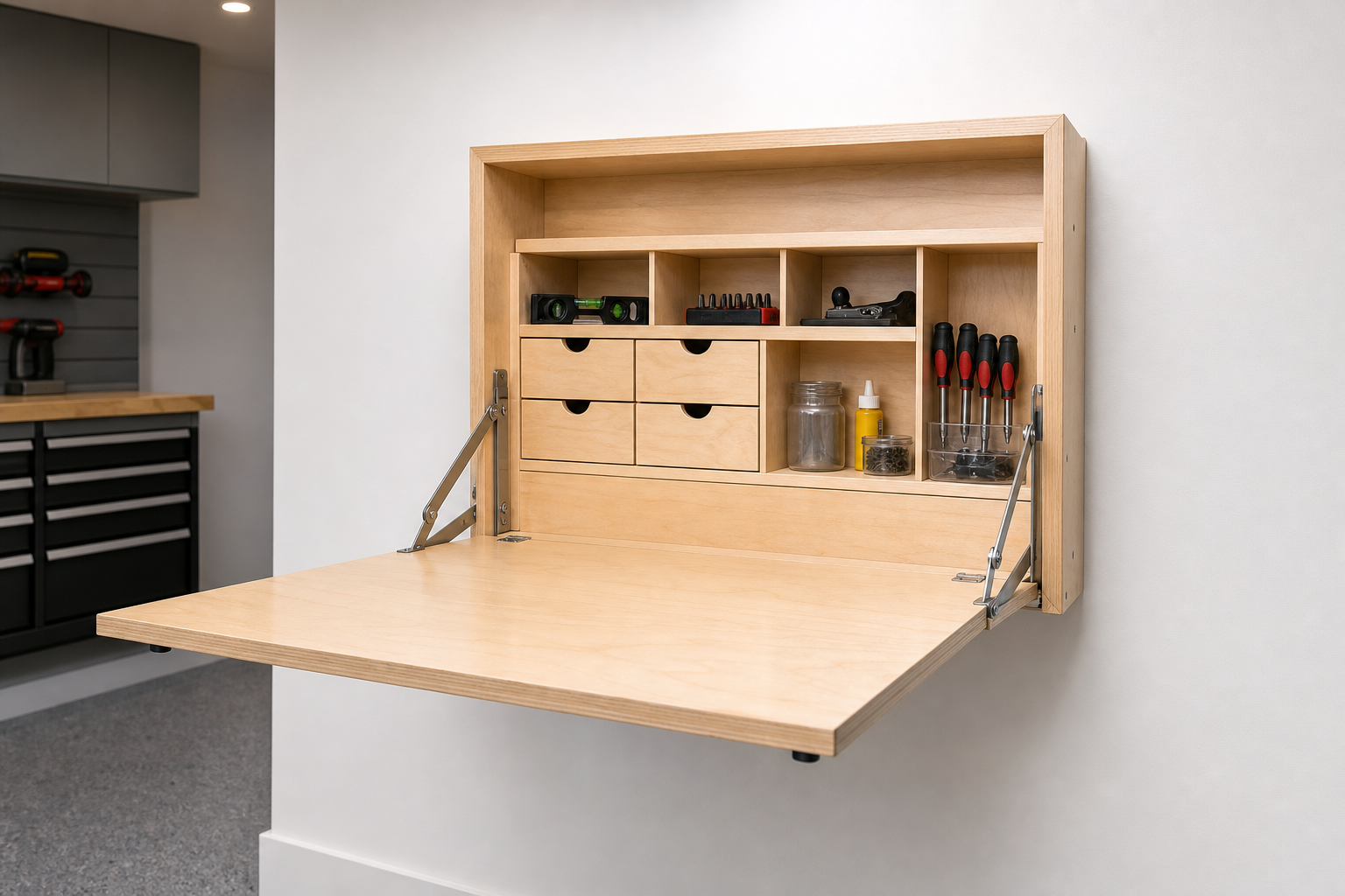 Built-in fold-down garage workbench with integrated shallow cabinet and drawers in maple plywood