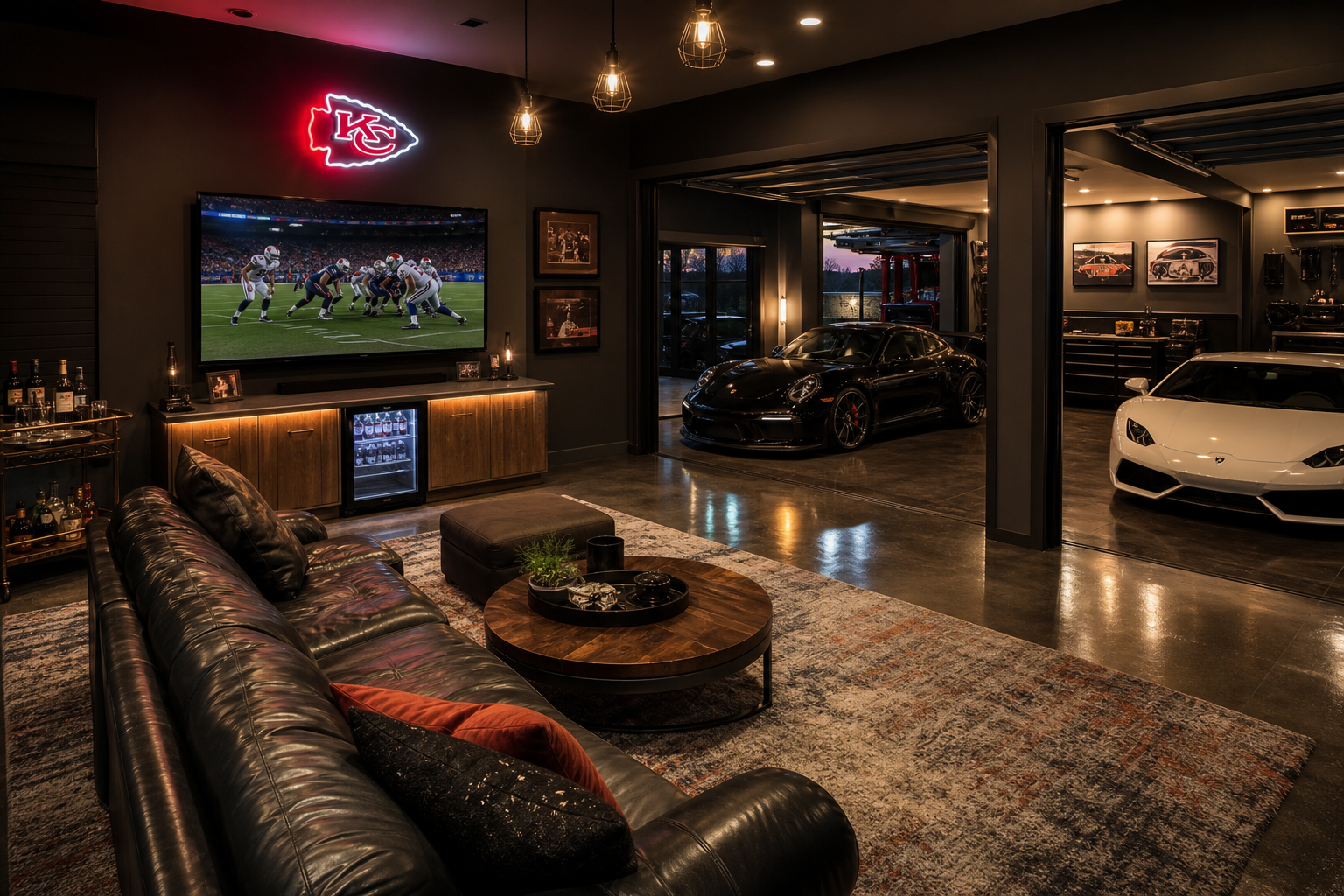Three-car garage with sports lounge man cave in one bay featuring leather sofa, TV, and neon team sign