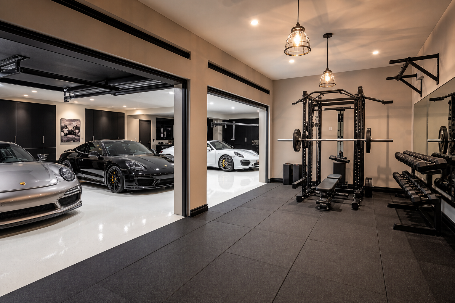 Three-car garage home gym bay with rubber floor tiles, squat rack, mirrors, and cage pendant lighting