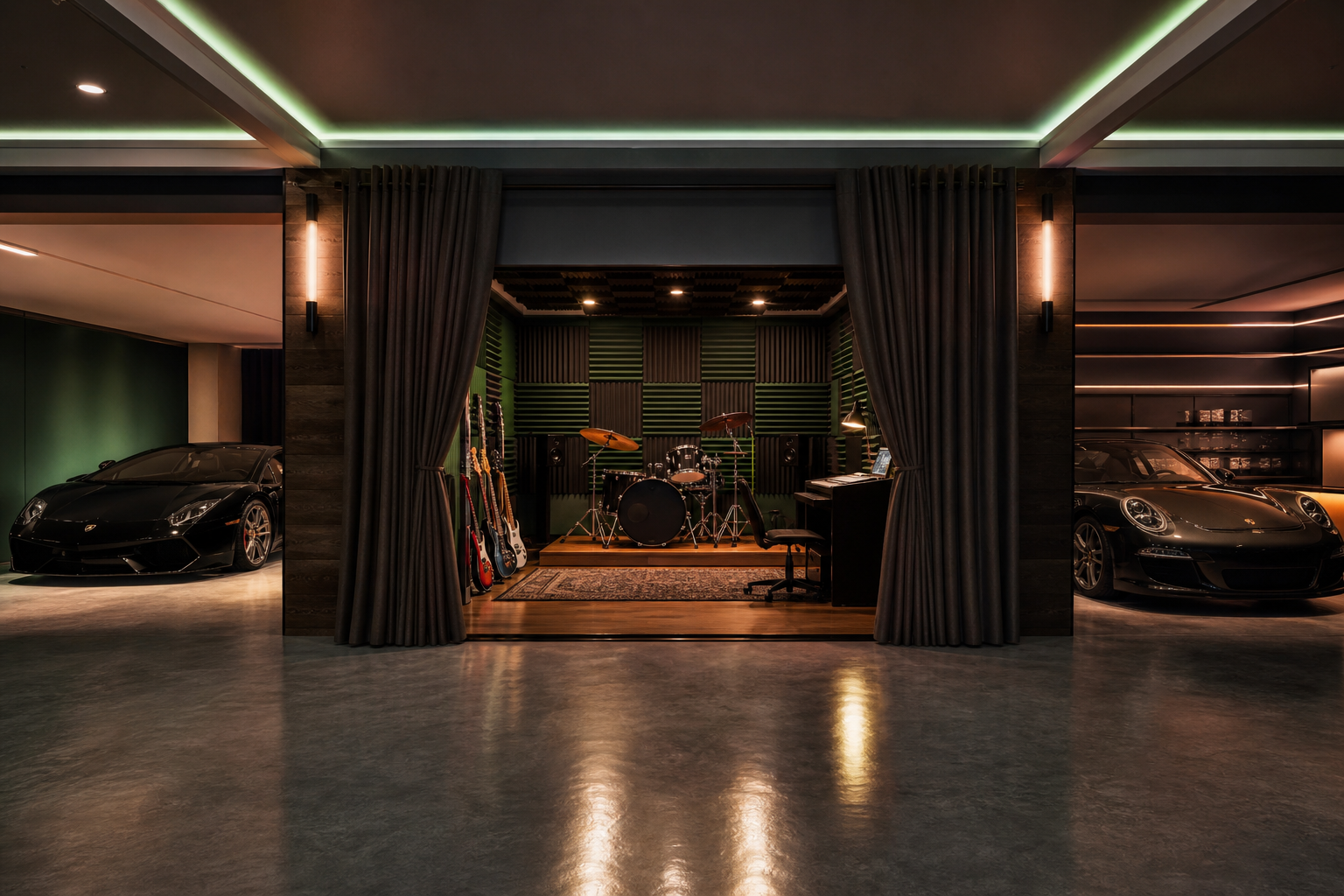 Three-car garage music studio bay with acoustic foam panels, drum kit, guitar stands, and colored LED accents
