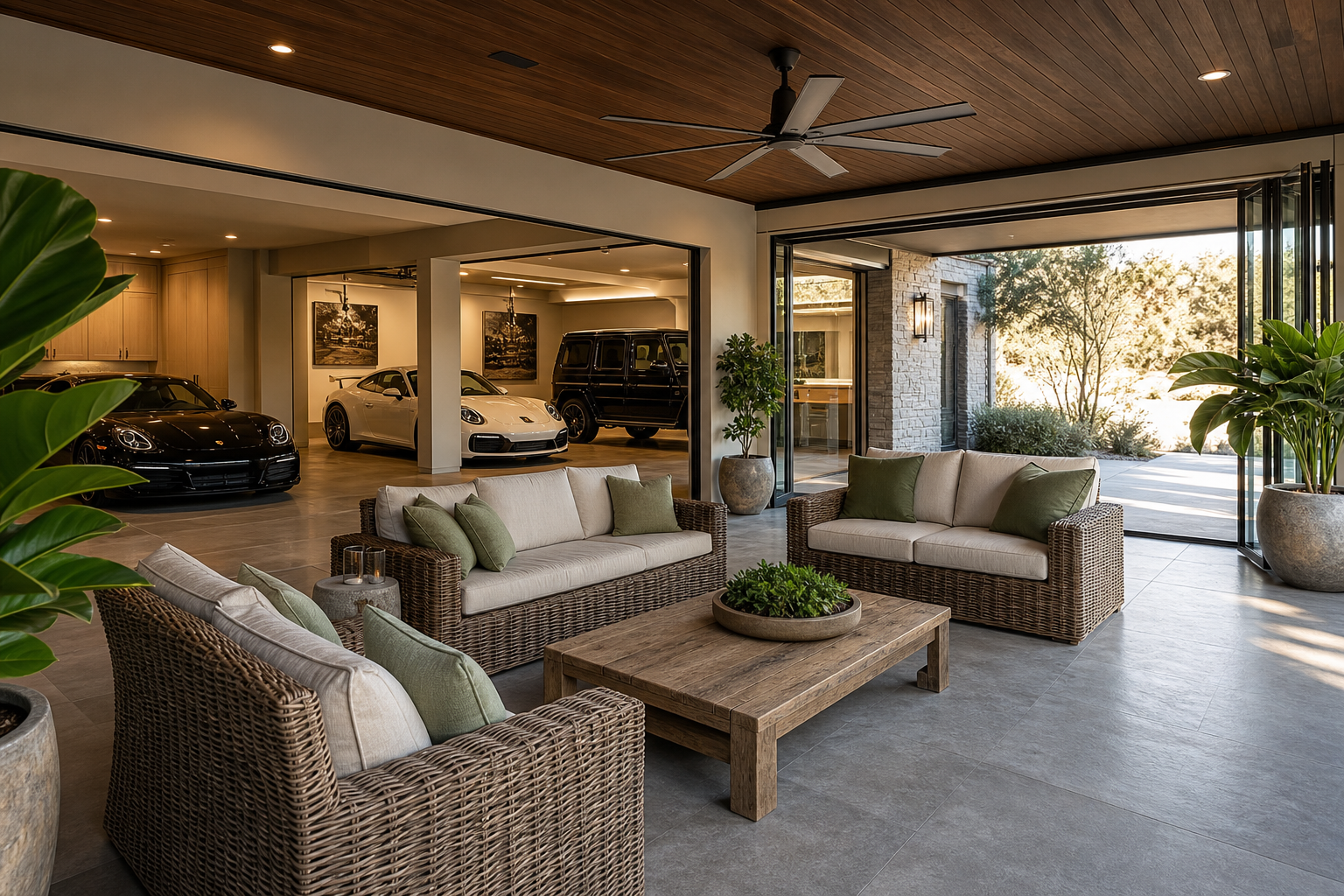Three-car garage with folding glass wall opening one bay to a covered patio with wicker furniture and ceiling fan