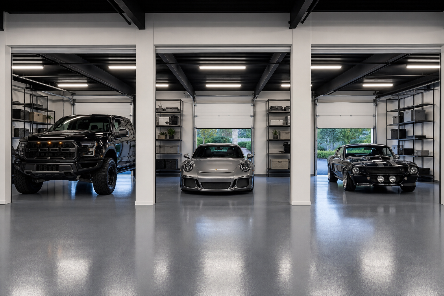 Three-car garage with charcoal epoxy floors and three separate vehicle bays under bright LED lighting