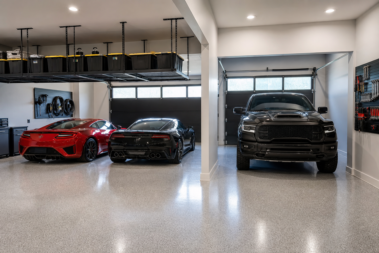 Three-car garage with two-car bay and single truck bay separated by ceiling storage racks and pegboards