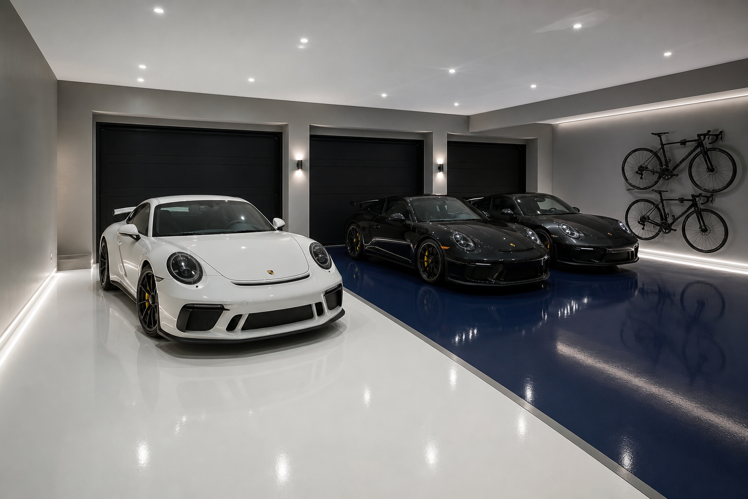 Three-car garage with two-tone navy and white epoxy floor zones separated by metallic border strips
