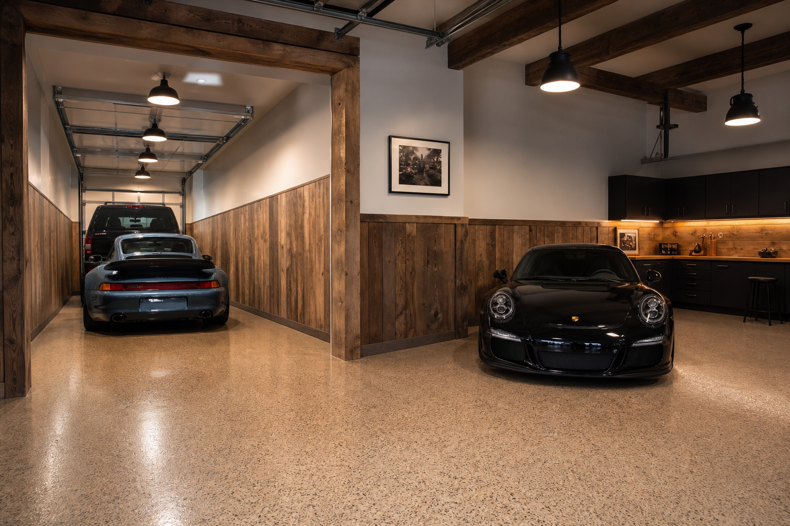 Three-car garage with tandem deep bay on the left and single bay on the right with wood shiplap walls