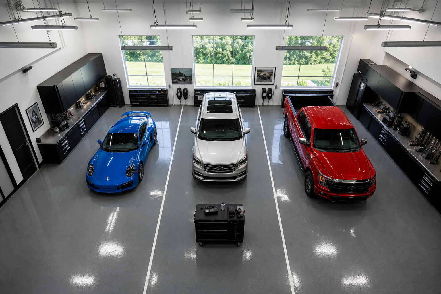 Aerial view of organized three-car garage with painted aisle lines and wall-mounted tool cabinets
