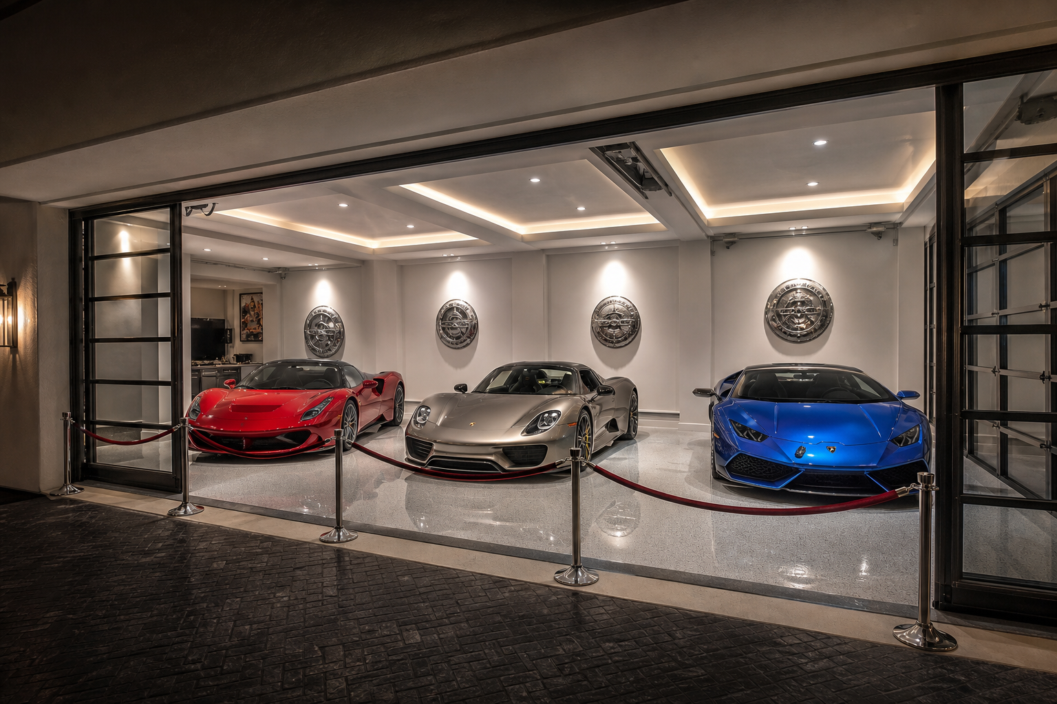 Luxury three-car showroom garage with white metallic epoxy floors, recessed spotlights, and three exotic sports cars