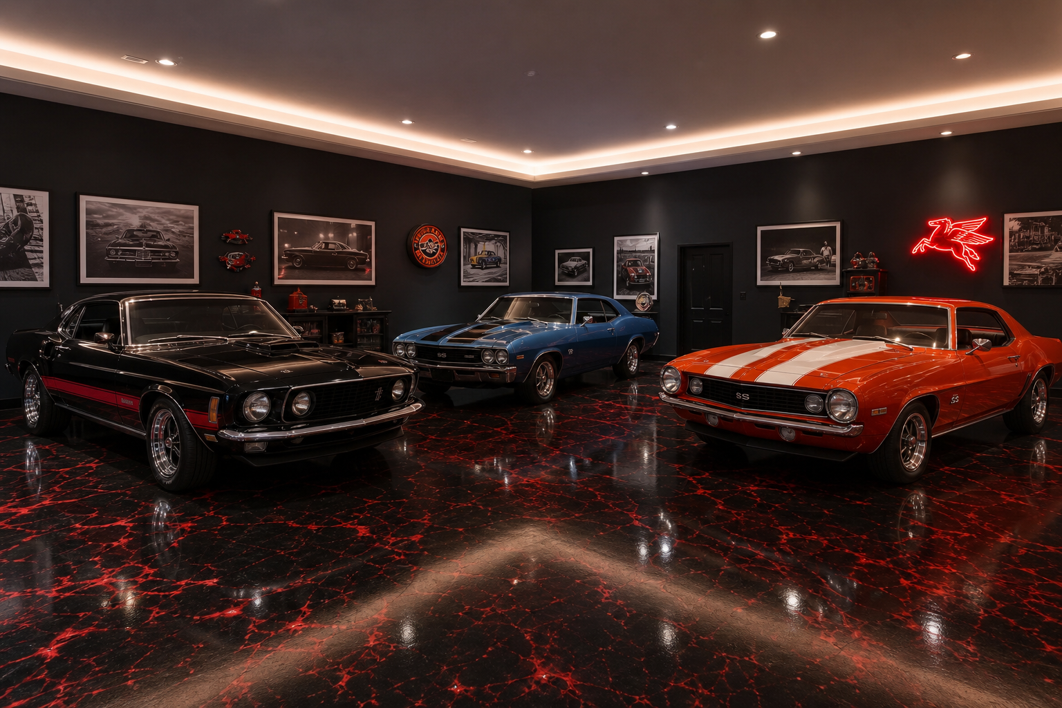 Dark showroom three-car garage with black epoxy floors, cove lighting, and three angled classic muscle cars