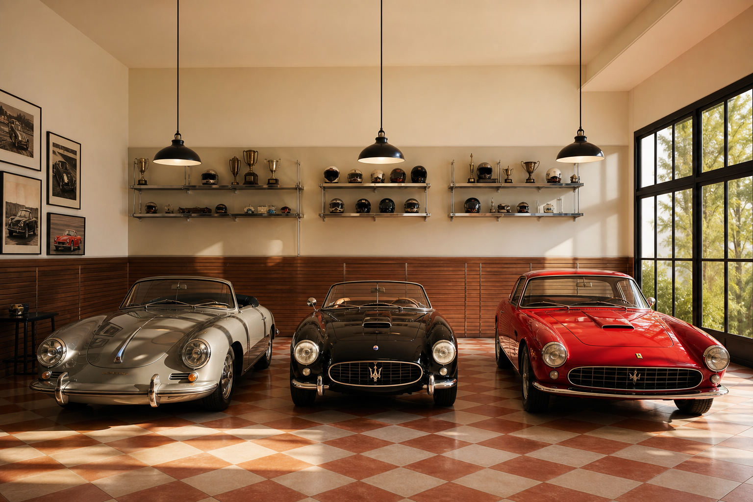 Mid-century style three-car garage showroom with checkerboard tile floor and three vintage European sports cars