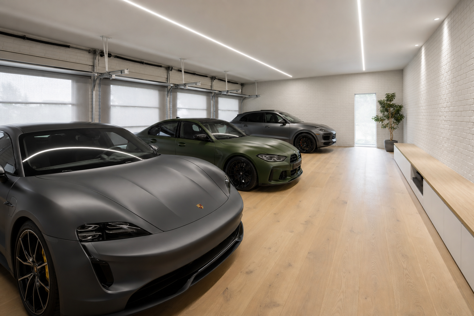 Scandinavian-style three-car garage showroom with pale wood floors, white brick walls, and three modern cars