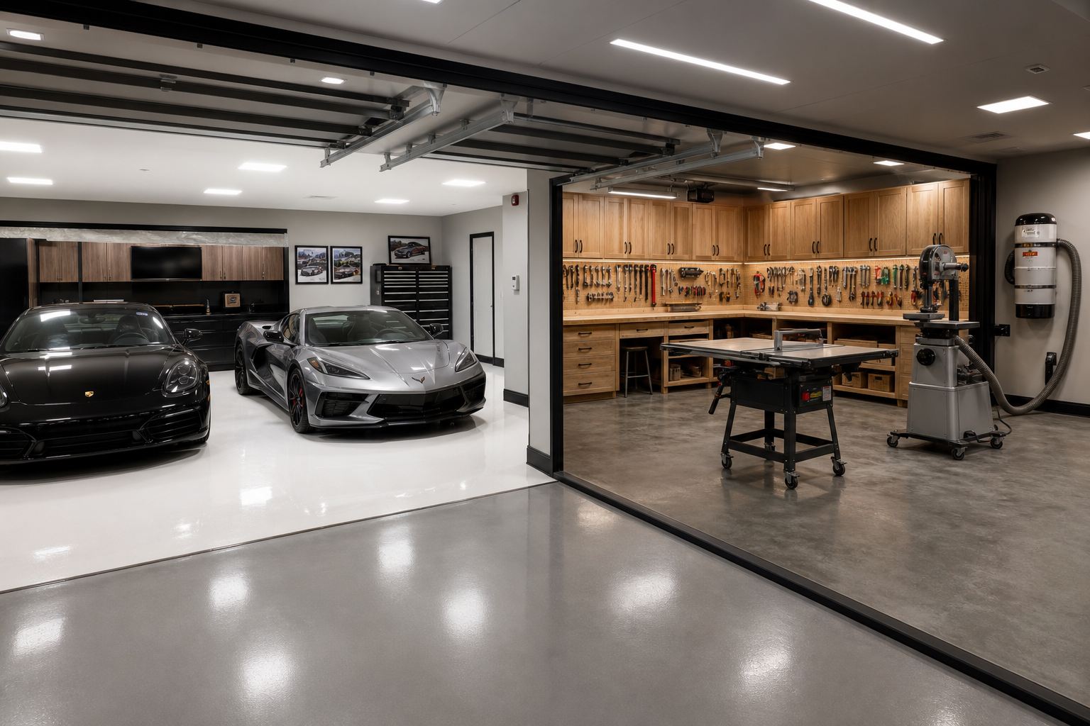 Three-car garage with right bay converted to woodworking workshop with bench tools and dust collection