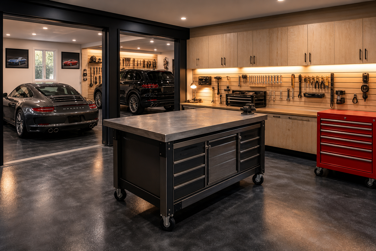 Three-car garage workshop bay with French cleat tool storage walls and red rolling tool cabinet