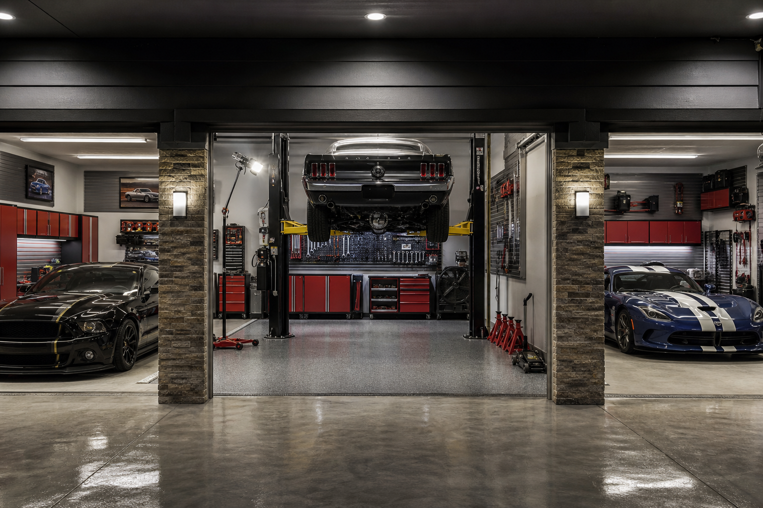 Three-car garage center bay with two-post car lift raising a classic muscle car above the epoxy floor