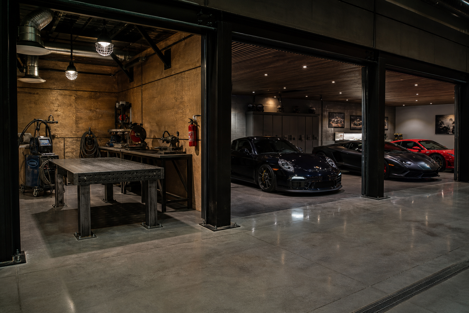 Three-car garage welding bay with steel welding table, MIG welder cart, and fire-resistant wall panels