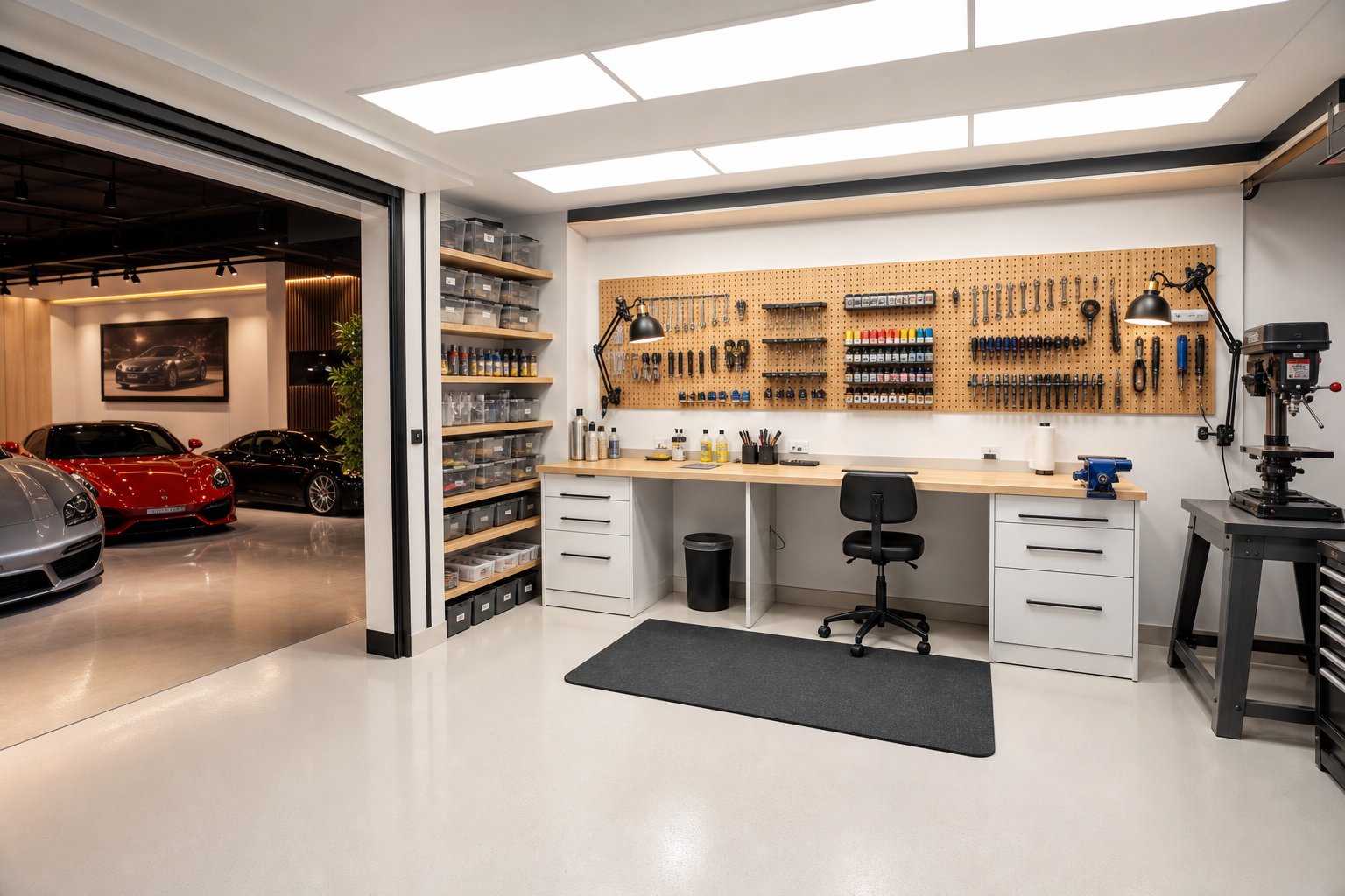 Three-car garage hobby workshop bay with white laminate bench, pegboard, and daylight LED panel lighting