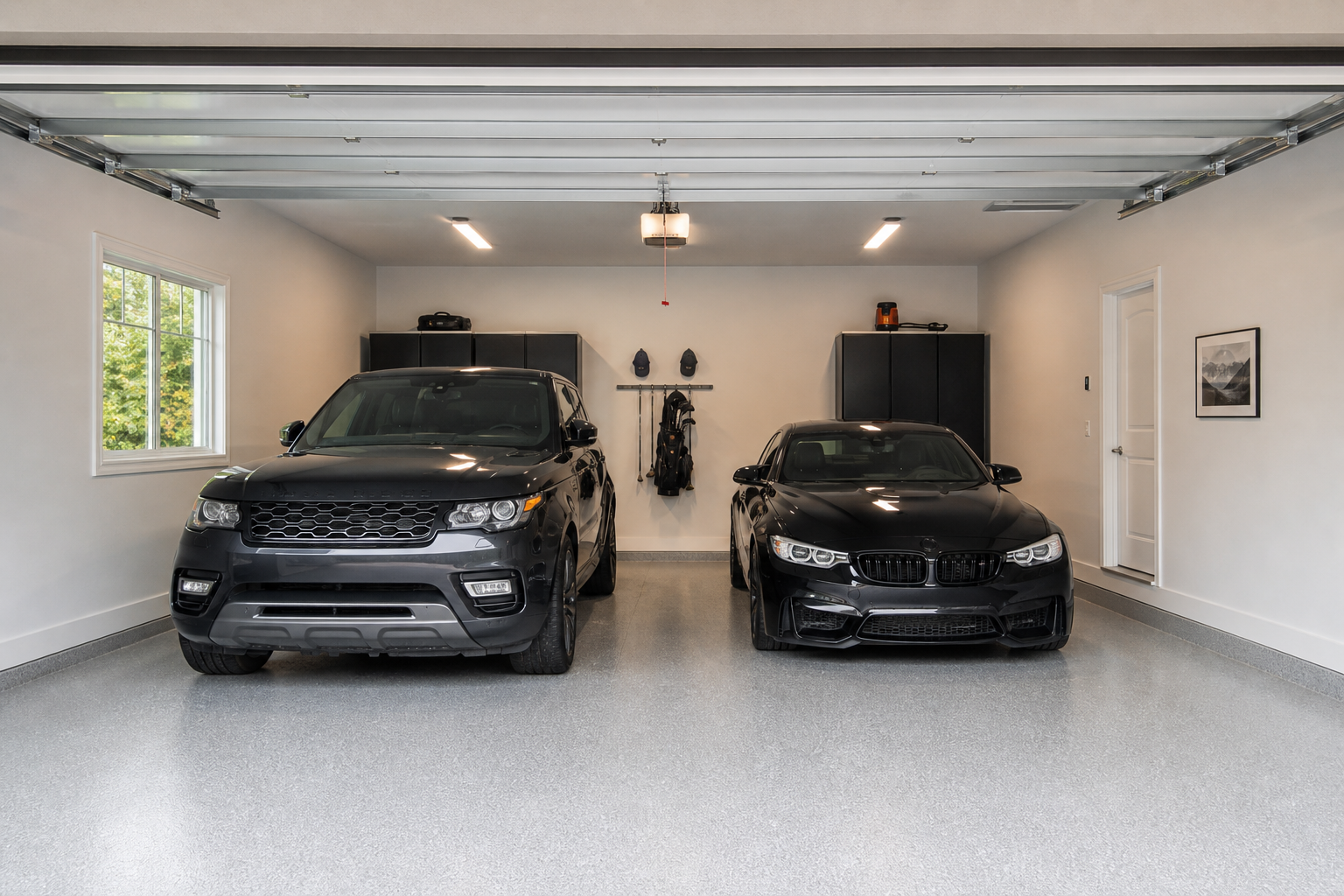 Two cars parked side by side in a clean white two car garage with gray epoxy floor