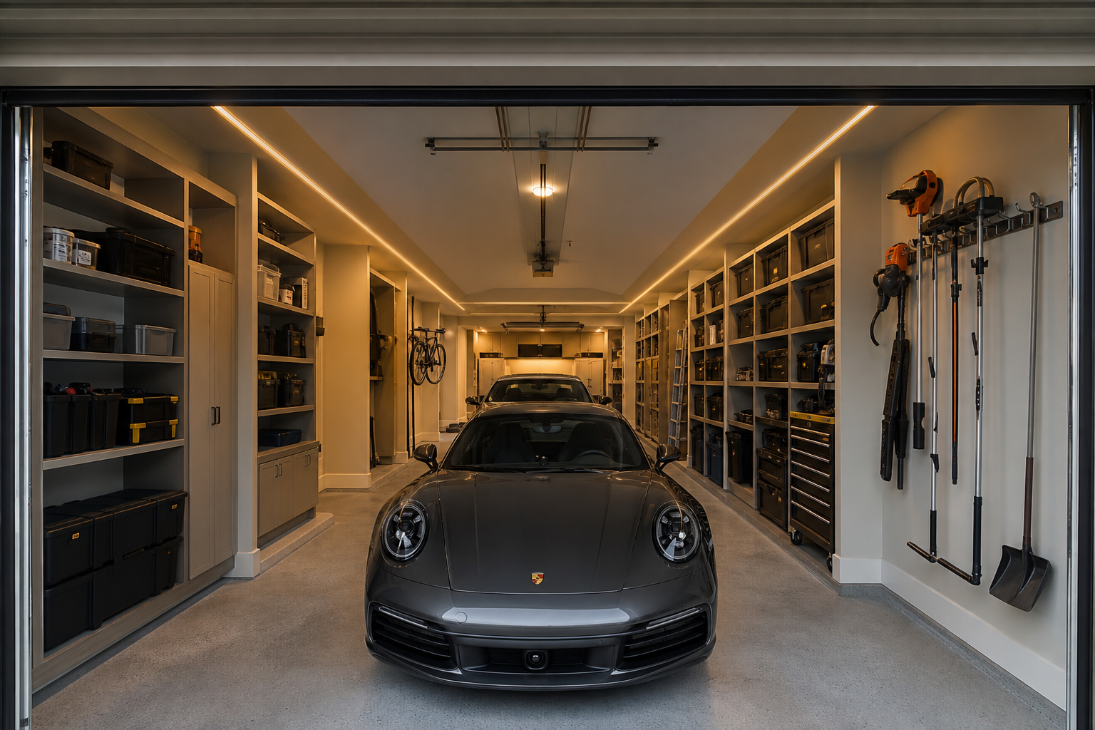 Tandem two car garage layout with long side shelving units and sealed concrete floor